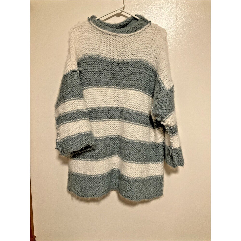Chunky Knit Teal White Sweater Women’s OS Fashion Art to Wear Handmade